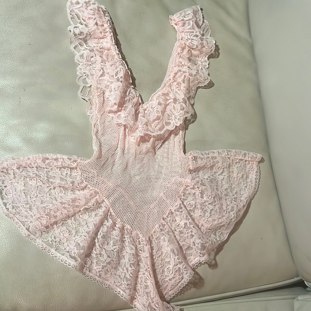 Vintage pink frilly lace fishnet sheer teddy